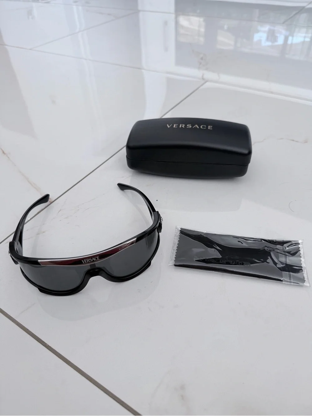 Versace Men’s Black Sunglass Shield with Silver Logo Bar